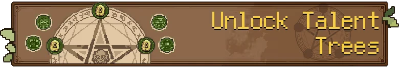 Goblin Vyke: Brown panel with "Unlock Talent Trees" text, surrounded by green icons.