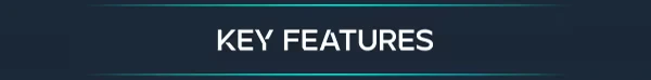 GODBREAKERS: Dark blue banner with "KEY FEATURES" in bold white text, teal accents.