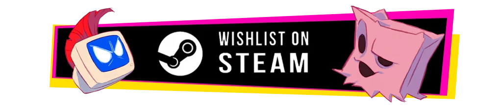 GodsTV: "Wishlist on Steam" text with a Steam logo, flanked by cartoonish TV and pink creature.