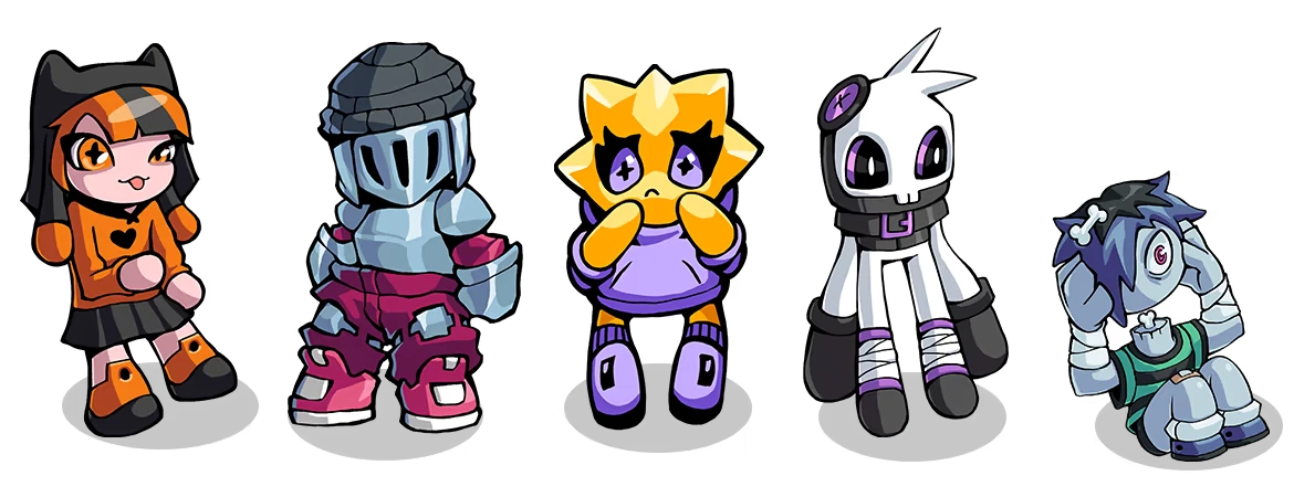 GoGeez: Five chibi characters on black background: girl, knight, yellow creature, skull, robot.