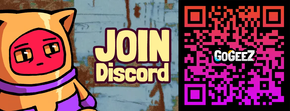 GoGeez: Chibi cat-hood character beside “JOIN Discord” text and pink QR code GoGeez.