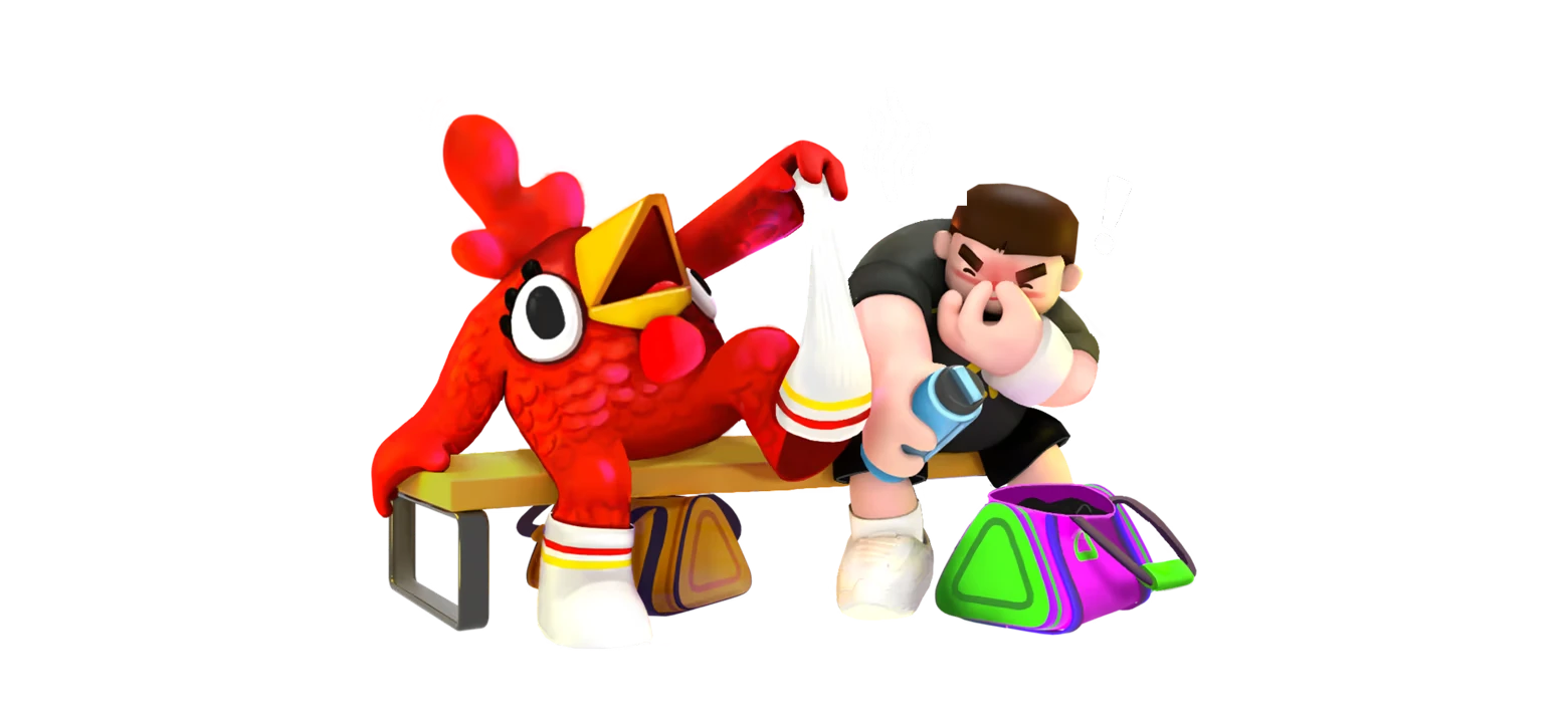 GOKA Street: A red bird character pulls a sock while a player sprays deodorant, holding nose.