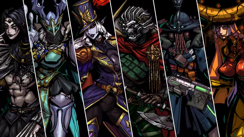 Golden Swirl: Five diverse fantasy characters in detailed armor and attire, each in a vertical panel.