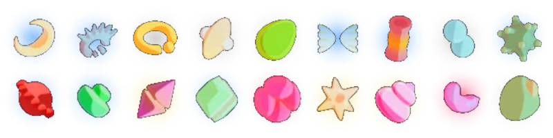 Goobies 2: Two rows of colorful circular icons with candy, wings, star, moon, blobs.