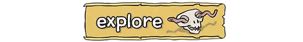 Good Heavens!: A yellow button with "explore" text and a cartoon skull with worms.