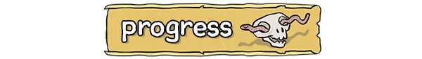Good Heavens!: A yellow banner with "progress" in white text and a skull with worms.