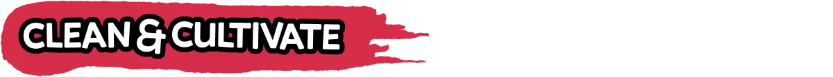 Clean Cultivate – Goreticulture Goreticulture: Bold white text “CLEAN & CULTIVATE” on a red paint-stroke banner.