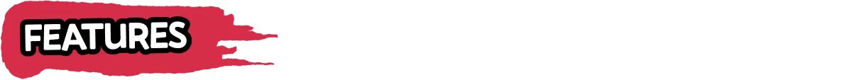 Features Banner – Goreticulture Goreticulture: White bold “FEATURES” text on red paint-stroke banner with black outline.