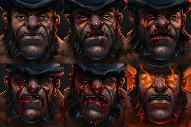Gravelord: Six portraits of a bearded man in a hat, progressively bloodier, with fiery eyes.