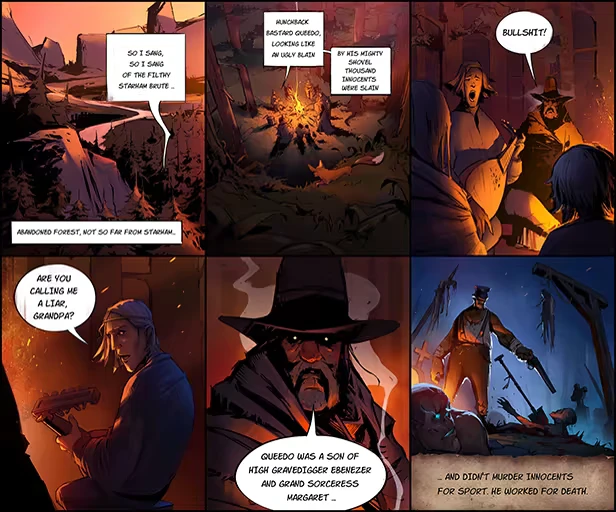 Gravelord: Comic panels show a campfire scene with dialogue, characters, and a graveyard setting.