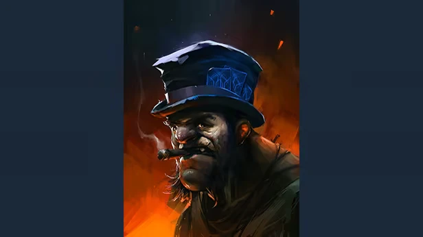 Gravelord: A rugged character with a cigar and top hat, set against a fiery background.