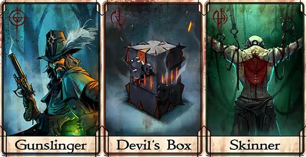 Gravelord: Three Tarot cards—Gunslinger, Devil's Box, Skinner—each with distinct illustrations.