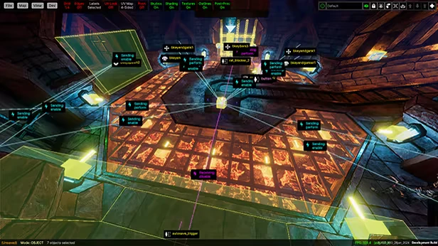 Gravelord: A game editor view showing a fiery dungeon with nodes labeled "Sending" and "extreme_trigger".
