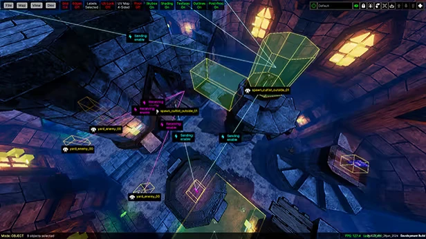 Gravelord: Overhead view of a stone dungeon with colorful wireframe boxes and labeled nodes.