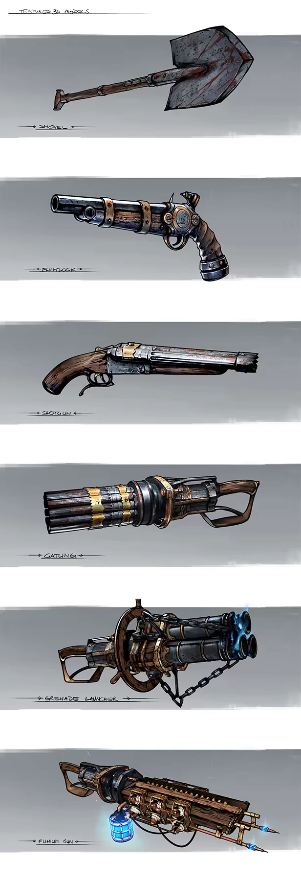 Gravelord: Six weapon designs including a bloody shovel, flintlock, shotgun, and flamethrower.