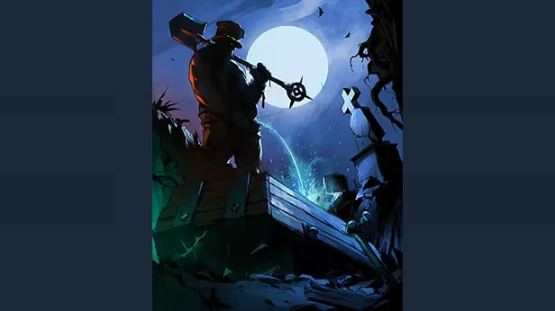 Gravelord: Silhouetted figure with a weapon stands by a coffin under a full moon in a graveyard.