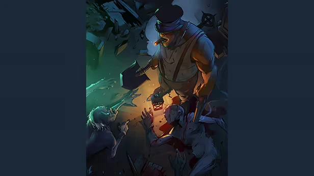 Gravelord: A muscular figure with a cigar and shovel stands over two fallen creatures.