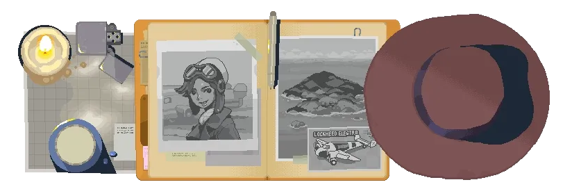 Graytail: Open notebook with pilot photo, island picture, plane card, pen, hat, lamp.