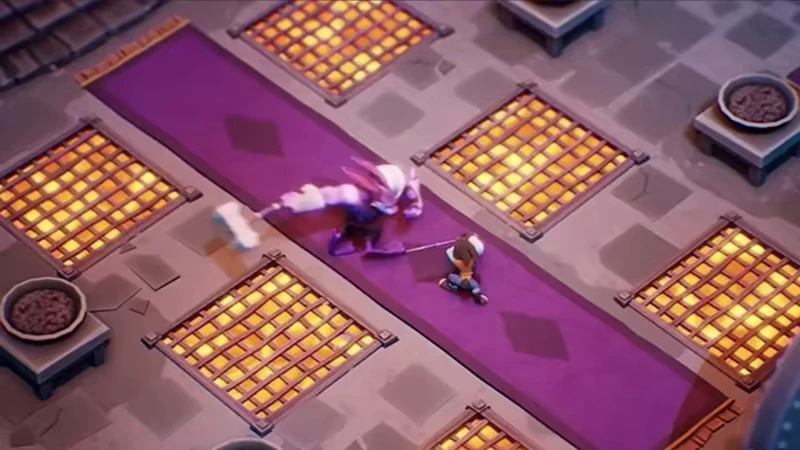 Green Ember: Two rabbit characters duel with swords on a purple carpet in a dungeon setting.