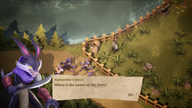 Green Ember: Purple rabbit with sword, text box reads "Where is the owner of this farm?"
