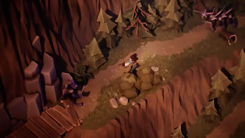 Green Ember: Character with sword on forest path, surrounded by trees and rocky cliffs.