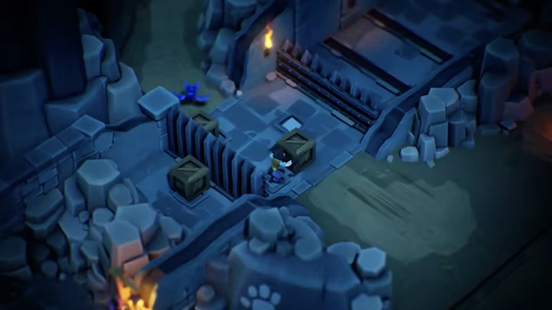 Green Ember: Character pushes crates in a stone dungeon with torches and a blue creature nearby.