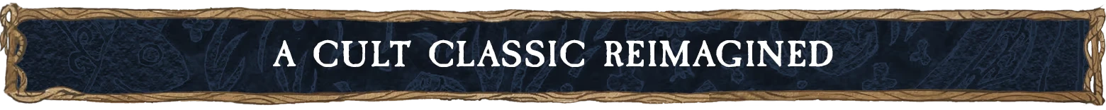 Gretel & Hansel: Text "A Cult Classic Reimagined" on a dark blue banner with rope border.