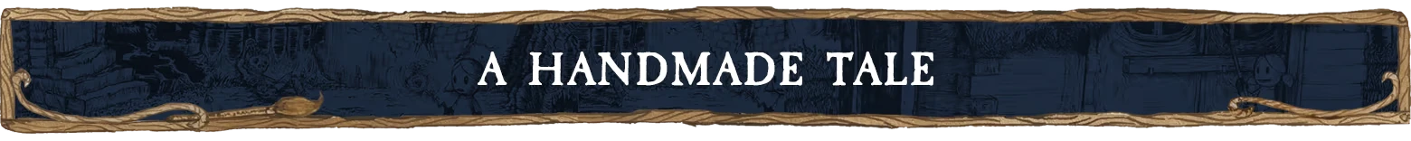 Gretel & Hansel: "A Handmade Tale" text on a dark blue banner with rope and sketchy background.