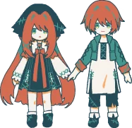 Gretel's Honesty: Two characters with red hair and green eyes hold hands, wearing stitched outfits.