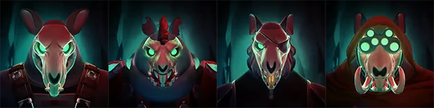 Greyskin: Four anthropomorphic creatures with glowing eyes, wearing varied armor and hoods.
