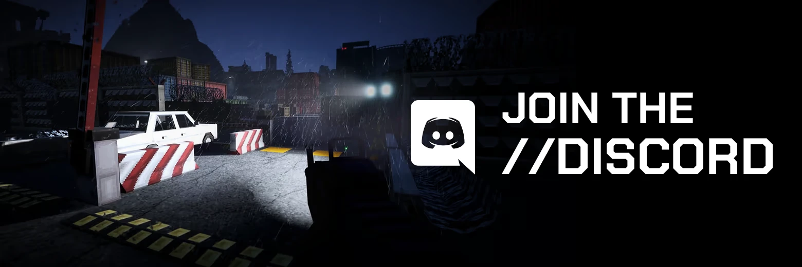 GRIDLANDS: Rainy checkpoint with truck headlights, barriers, and “JOIN THE //DISCORD” text.