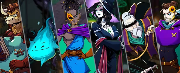 Characters Lineup – Grim Trials Grim Trials: Six diverse characters, including a cow-headed figure and a blue flame, stand ready.