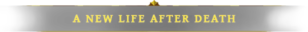 New Life Afterdeath – Grim Trials Grim Trials: Bold yellow text on a black banner reads "A New Life After Death."