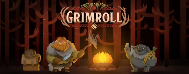 Grimroll: Two characters by a campfire in a dark forest, with the title above in ornate text.