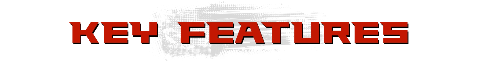 Grind Survivors: Bold red text "KEY FEATURES" on a textured gray and black background.