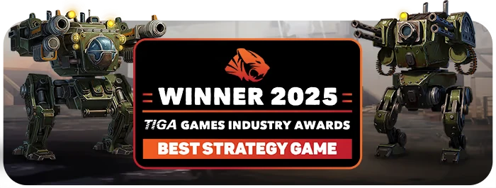 Grit and Valor: Two green mechs flank a "Winner 2025 Best Strategy Game" award banner.