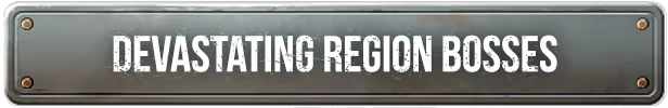 Grit and Valor: Metal plaque with bold white text reading "DEVASTATING REGION BOSSES."
