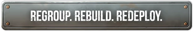 Grit and Valor: Metal sign with bold white text, "REGROUP. REBUILD. REDEPLOY."