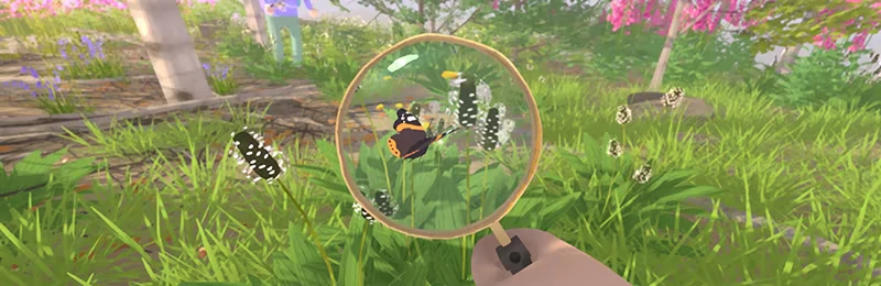 Grow Wild: Magnifying glass zooms on orange-and-black butterfly in tall grass.
