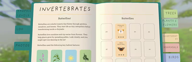 Grow Wild: Invertebrates logbook page on butterflies, with tabs for trees and mammals.