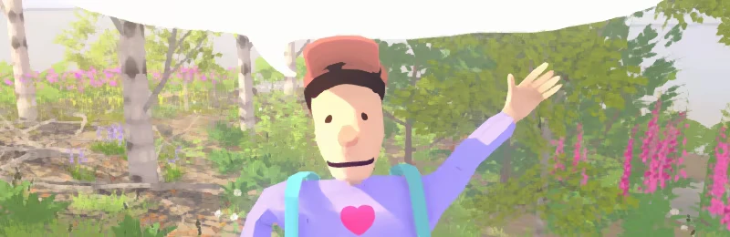 Grow Wild: Cartoon character waving in a forest with birch trees and pink flowers.