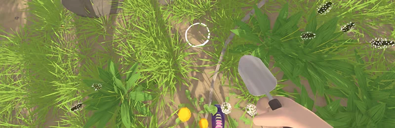 Grow Wild: First-person hand holding shovel over grass, insects, and a white circle cursor.