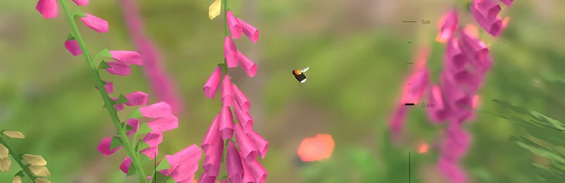 Grow Wild: Close-up pink bell flowers with a small bee; faint distance scale UI on right.