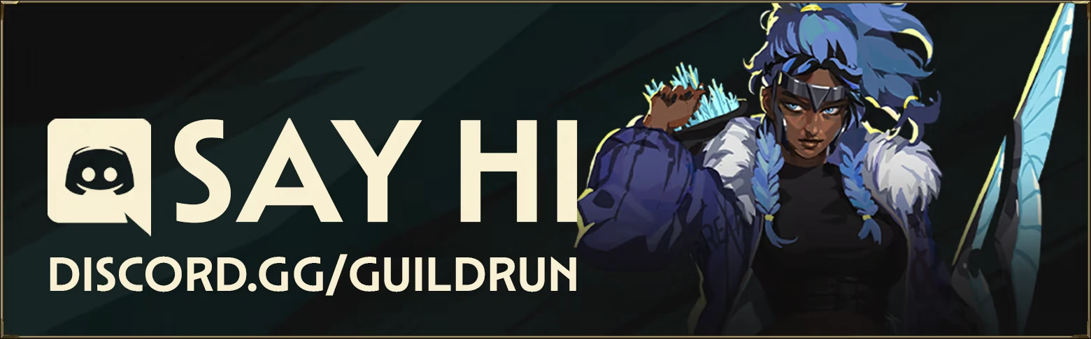Discord Banner – Guildrun Guildrun: Discord logo with SAY HI text, discord.gg/guildrun, blue-haired warrior art.