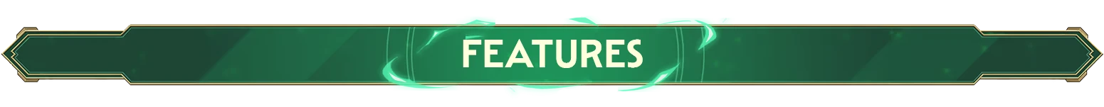 Features Banner – Guildrun Guildrun: Green banner with gold trim and large white text reading “FEATURES”.