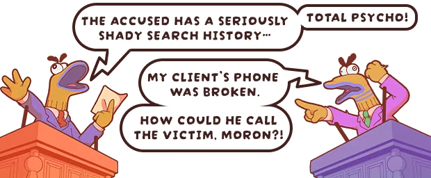 Guilty as Sock!: Two sock characters in suits argue in court, speech bubbles show heated debate.