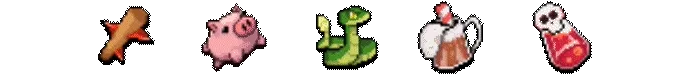 Guncrypt: Pixel icons of a wooden bat, pink pig, green snake, beer mug, and skull potion.