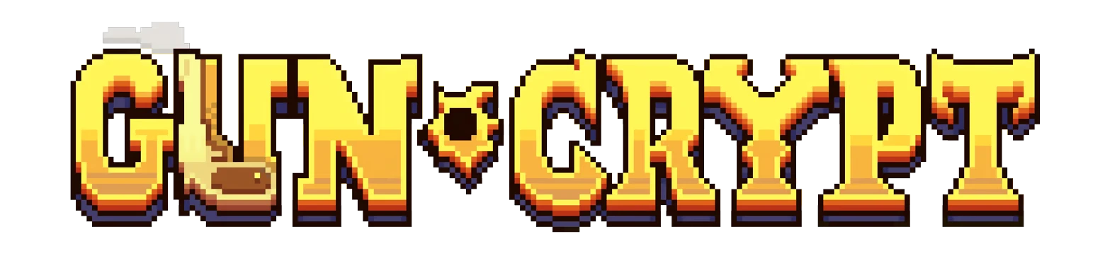 Guncrypt: Pixel-art gold title text “GUN•CRYPT” with a bullet forming the letter U.