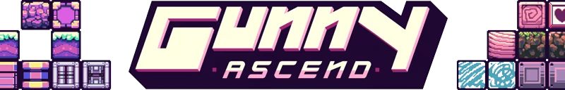 Gunny Ascend: Stylized logo with pixel art blocks featuring various patterns and colors.