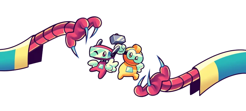 Gunny Ascend: Two cartoon characters with wings and helmets dodge red tentacles with blue claws.